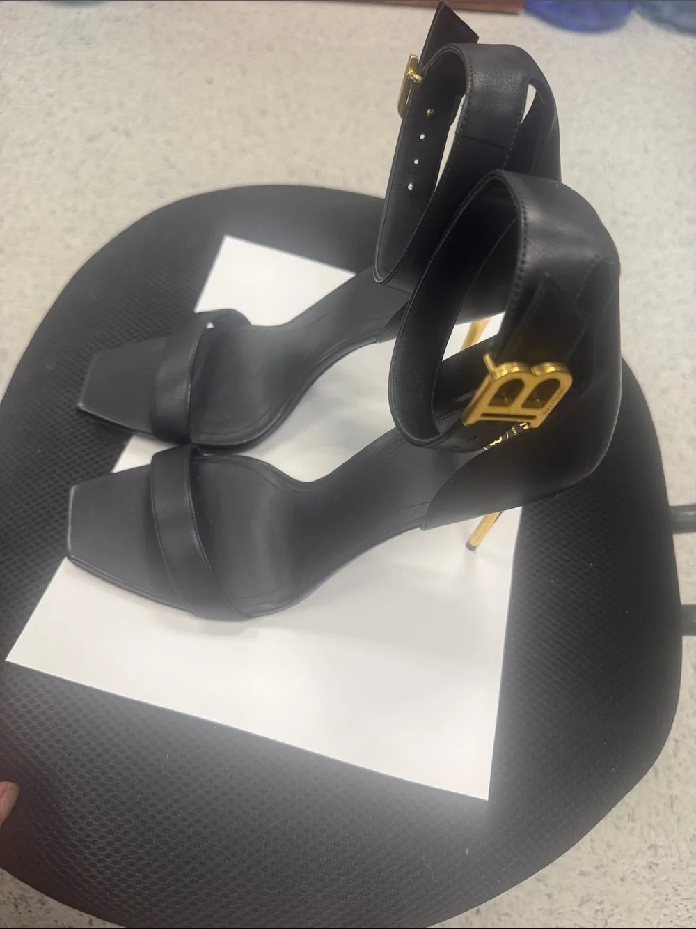 Balmain Black Leather Square-Toe Ankle-Strap Heels